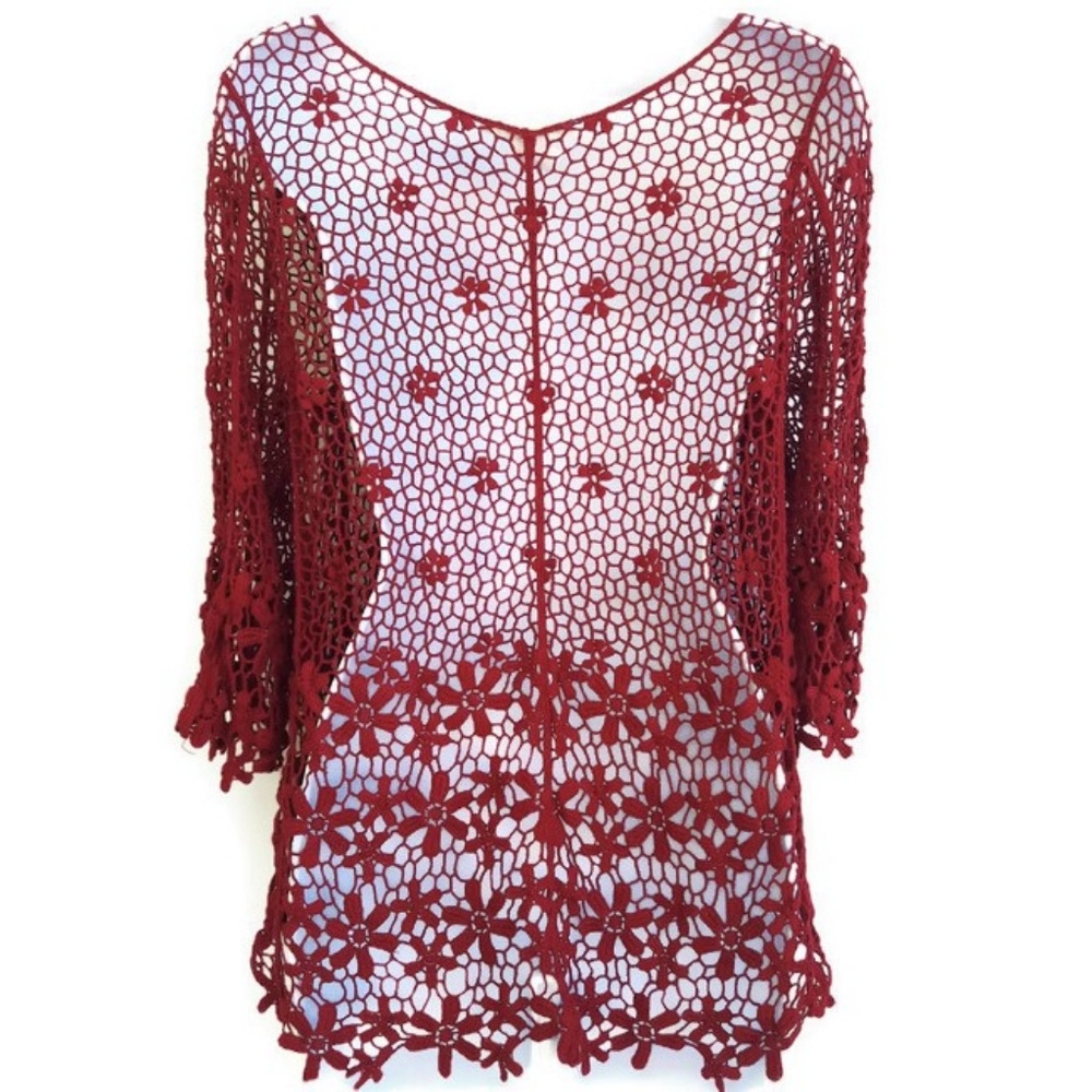 Vintage Breeze Ever Cotton Flower Crochet Macrame Red Bell Sleeve Swim Cover Up - Picture 4 of 5